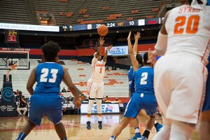 Alexis Peterson shoots a 3 against Central Connecticut State on Sunday. She was named the conference's co-Player of the Week.