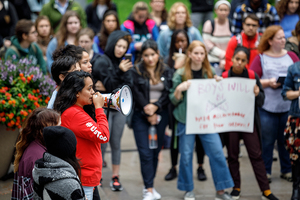 Students protested Brett Kavanaugh’s nomination and criticized campus rape culture on the Quad Thursday.