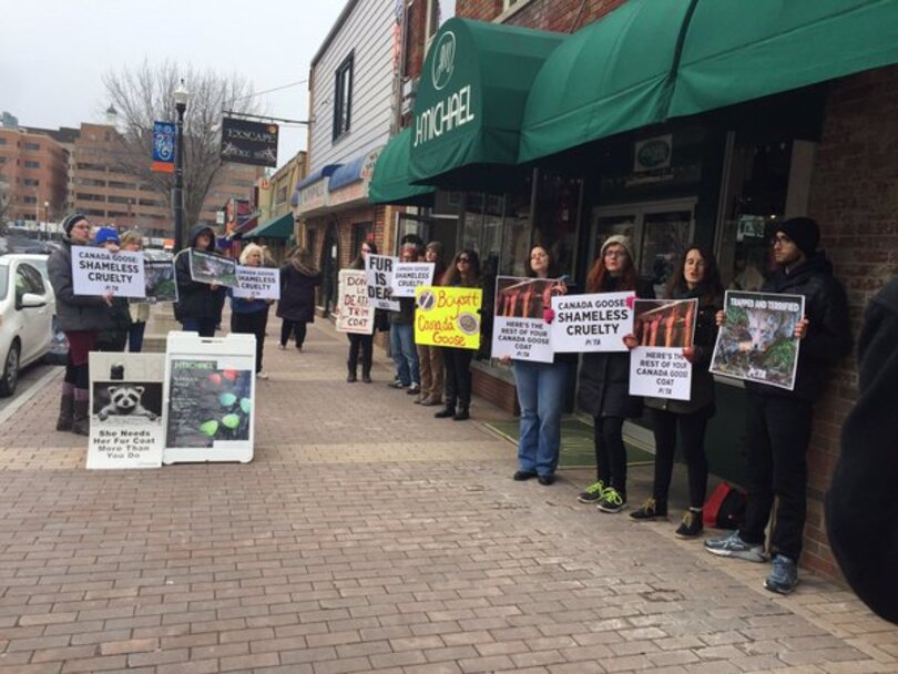 Group protests on Marshall Street over sale of Canada Goose jackets