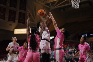 After starting the first 21 games of her freshman season, Alyssa Latham started on the bench against BC as Saniaa Wilson started in her place.