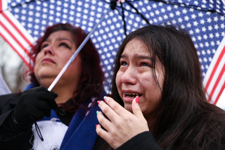 Sylvia Castillo joins Delisha Gutierrez in shedding tears of joy as President Donald Trump delivered his inaugural address on Friday.